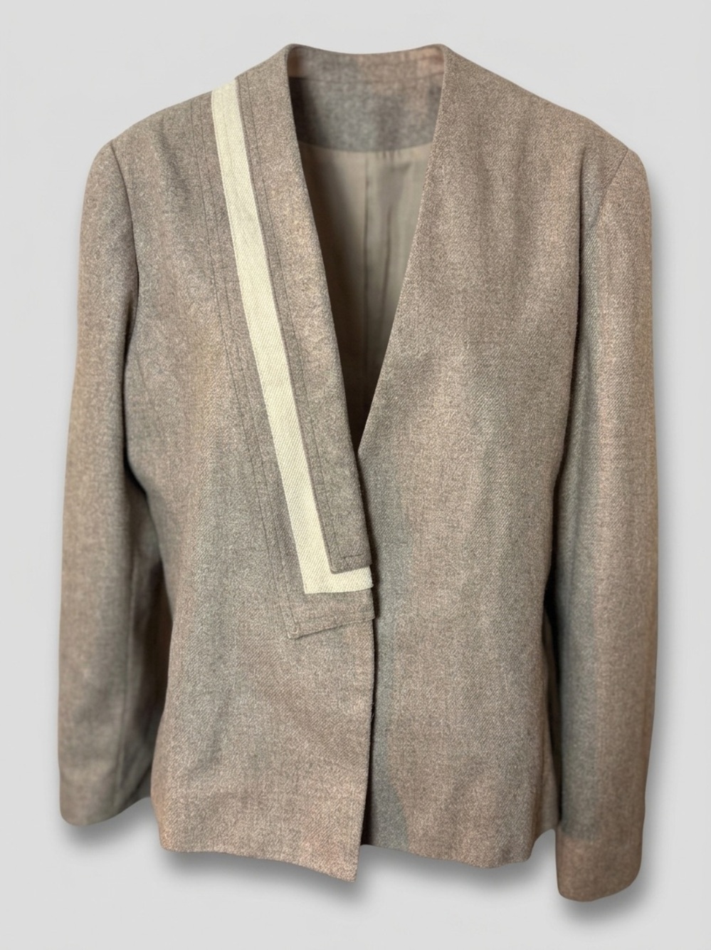 Vintage Women's Tan Wool Blend Collarless Blazer with Cream Trim Size Medium